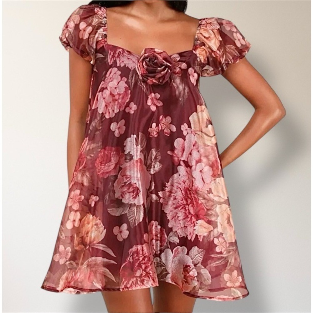 Lulus Red Floral Organza Mini Dress Puff Sleeve Rosette Autumn Wedding Guest